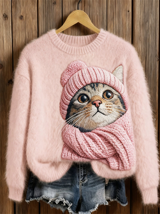 Comstylish Cozy Cat Embroidered Pink Knit Sweater