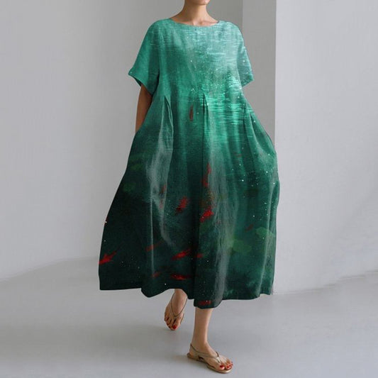 Comstylish Fish Art Print Round Neck Short Sleeve Casual Midi Dress