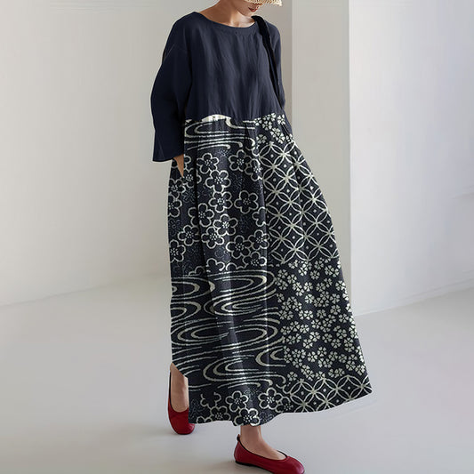 Comstylish Japanese Art Geometry Blossom Linen Blend Maxi Dress