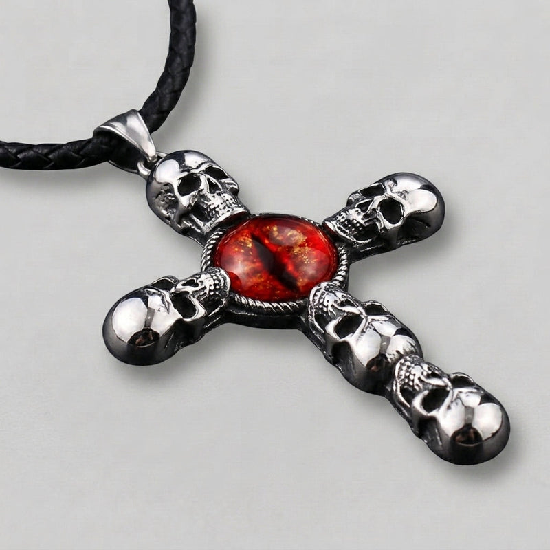 Skull Cross Necklace with Red Dragon Eye Pendant