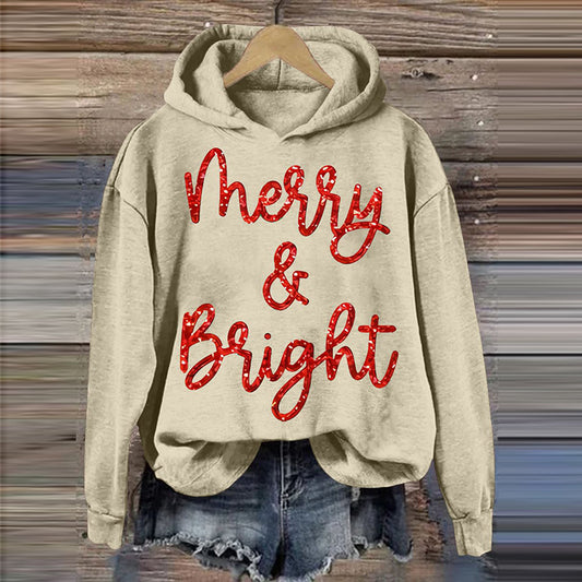 Comstylish Christmas Sparkly Glitter Merry And Bright Print Hoodie