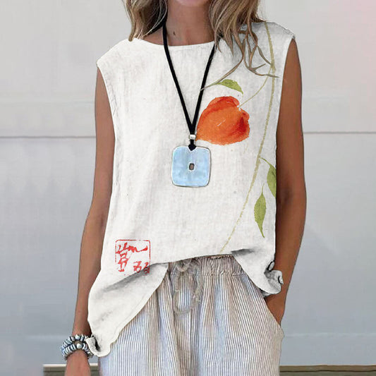 Comstylish Summer Floral Art Printed Casual Sleeveless Top