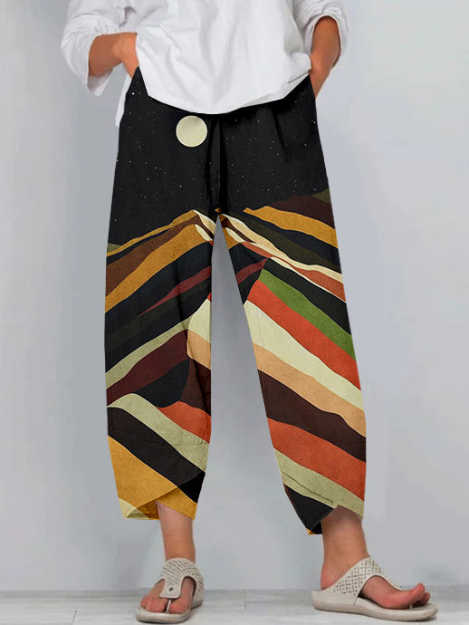 Comstylish Colourful Mountain Landscape Art Cropped Casual Pants