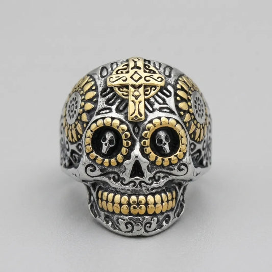 Gold Cross Skull Statement Ring