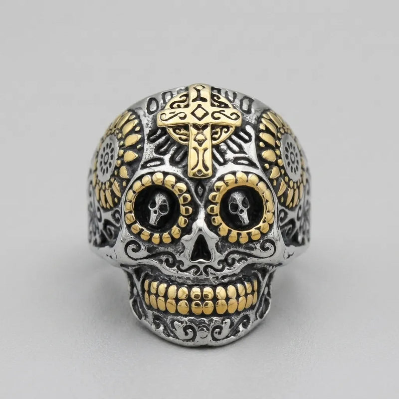 Gold Cross Skull Statement Ring