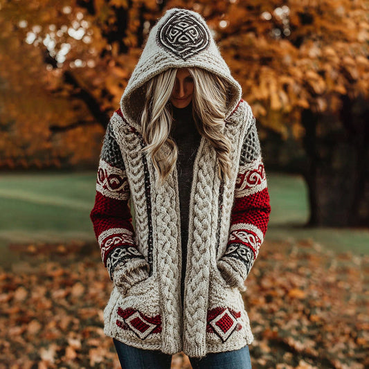 Women's Classic Celtic Knot Jacquard Contrast Print Knit Hoodie elevenforest