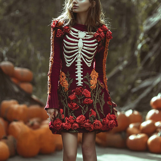 Halloween Skeleton Floral Embroidered Women's Knit Mini Dress artswardrobe
