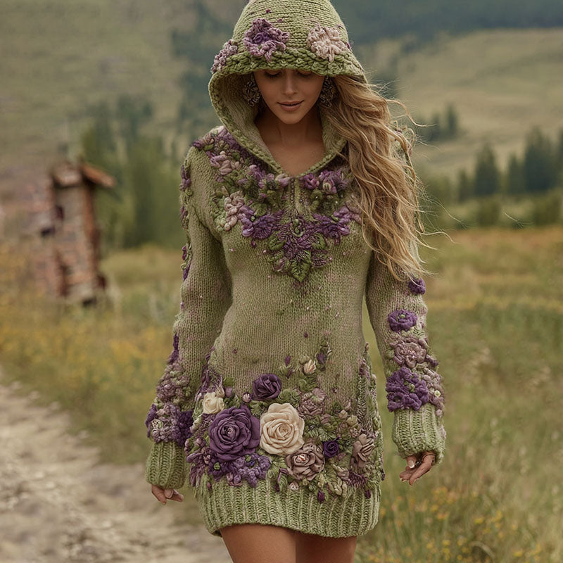 Comstylish Classy Gradient Purple Lavender And Floral Art Cozy Knit Mini Hooded Dress