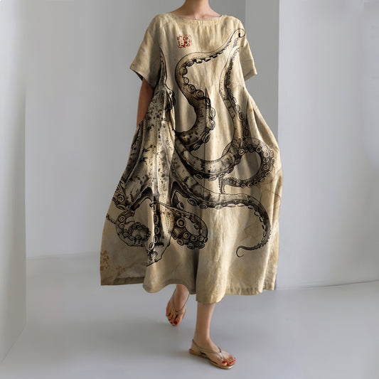 Comstylish Retro Japanese Art Octopus Print Casual Midi Dress