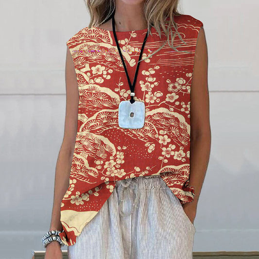 Comstylish Japanese Art Plum Blossom Printed Casual Sleeveless Top