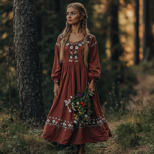 Women's Vintage Floral Embroidered Cotton Linen Dress artswardrobe