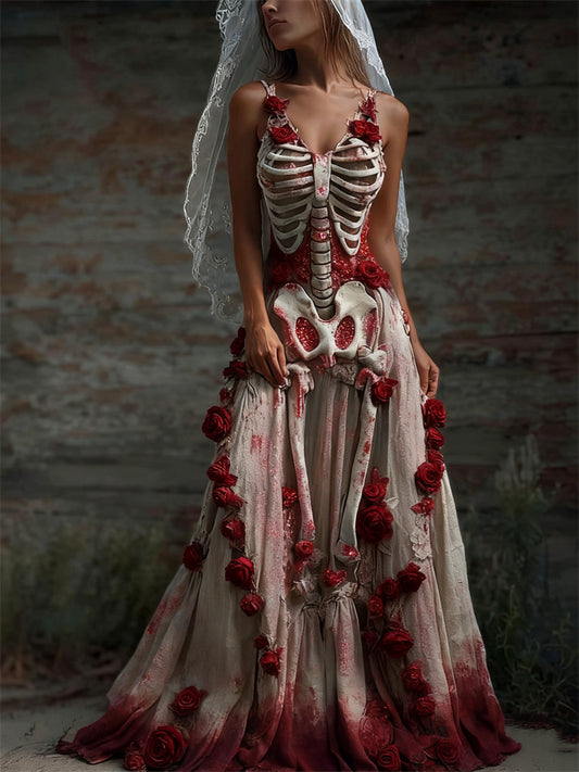 Comstylish Halloween Bloody Roses Skeleton Bridal Flowy Linen Maxi Dress