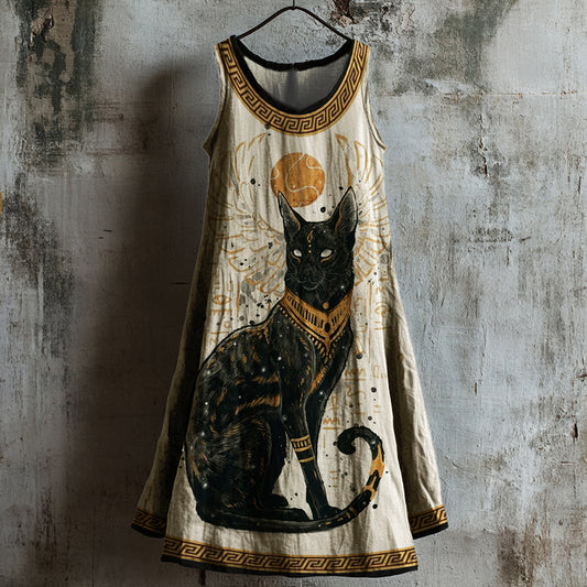 Comstylish Ancient Egyptian Divine Black Cat Linen Tank Dress