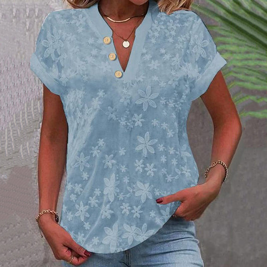 Comstylish Women's Retro Embroidered Buttons V Neck Shirt