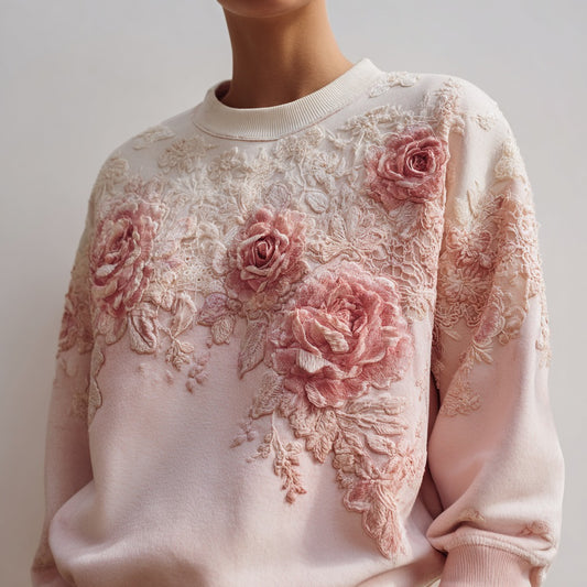Comstylish Women's Fashion Rose Embroidery Gradient Cotton Round Neck Sweatshirt