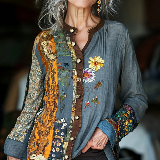 Bohemian Style Patchwork Art Floral Embroidery Linen Long Sleeve Shirt artswardrobe