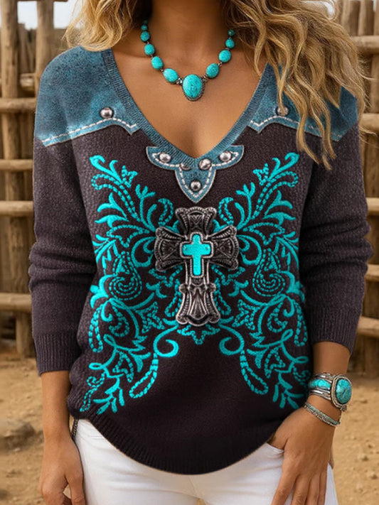 Women's Retro Western Print Drop Shoulder Sweater artswardrobe
