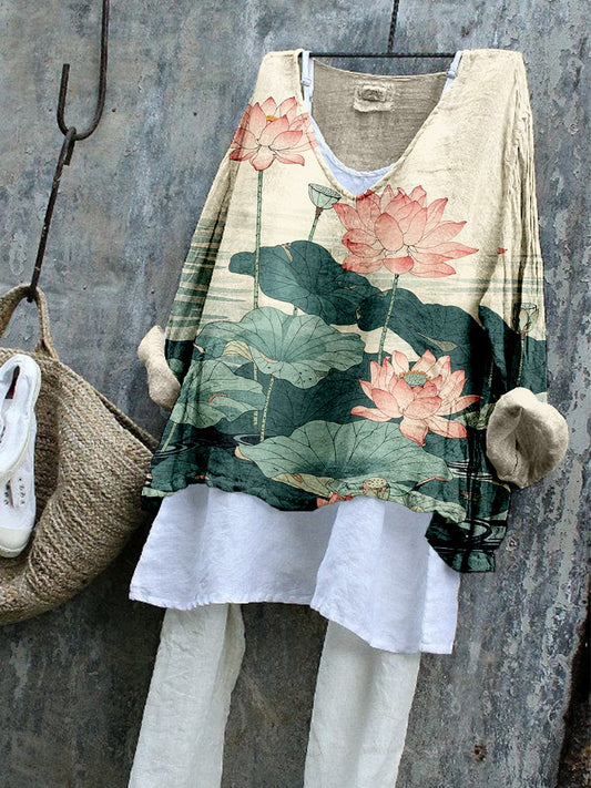 Comstylish Japanese Lotus Flower Woodcut Art Linen Blend Shirt