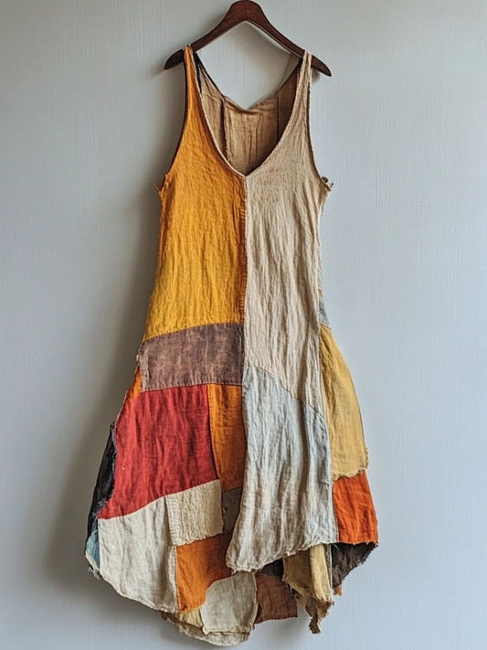 Vintage Patchwork Art Linen Blend Midi Dress artswardrobe