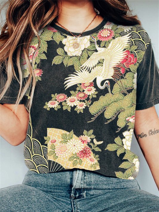 Comstylish Cranes Floral Japanese Art Vintage T Shirt
