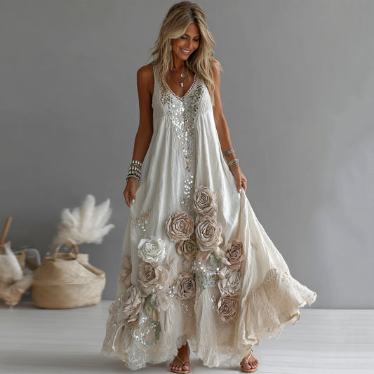Women's Vintage Rose Embroidered V-neck Sleeveless Maxi Dress artswardrobe