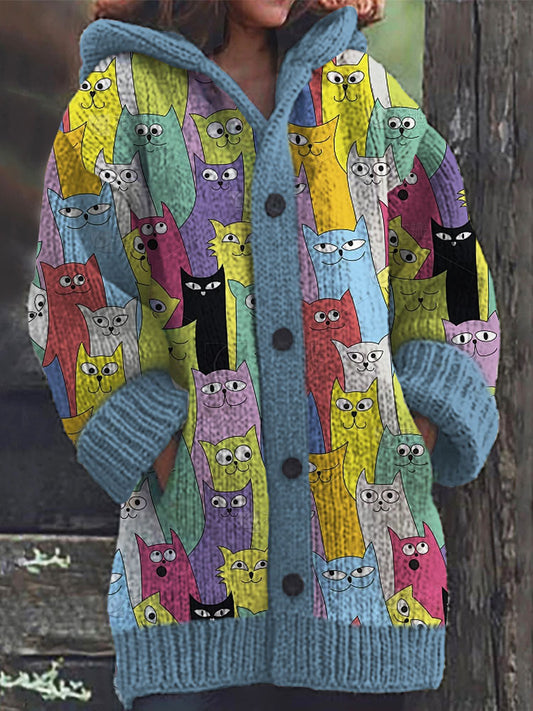 Colorful Cats Pattern Cozy Hooded Cardigan artswardrobe