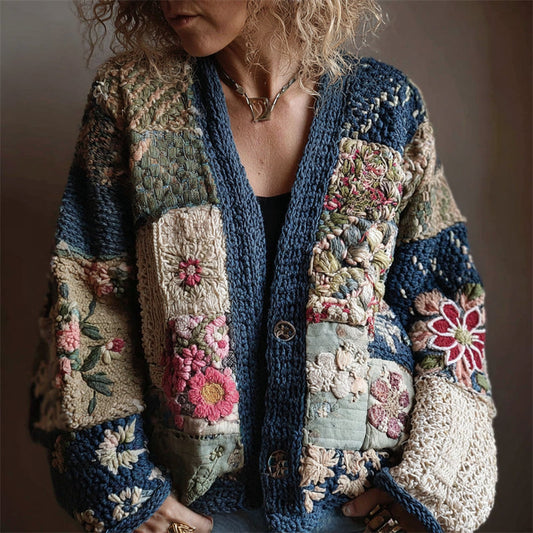 Japanese Floral Sashiko Art Embroidered Patchwork Cozy Knit Cardigan elevenforest