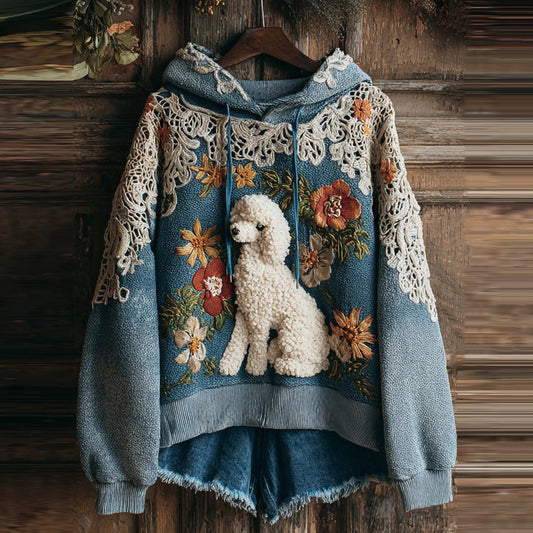 Lace Floral Art Dog Print Casual Hoodie elevenforest