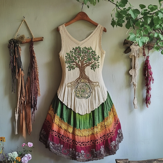 Vintage Tribal Celtic Knot Life Of Tree With Rainbow Patchwork Art Linen Tank Dress artswardrobe