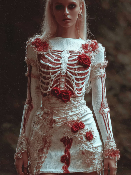Comstylish Women's Halloween Skeleton And Rose Art Knitted Round Neck Mini Skirt