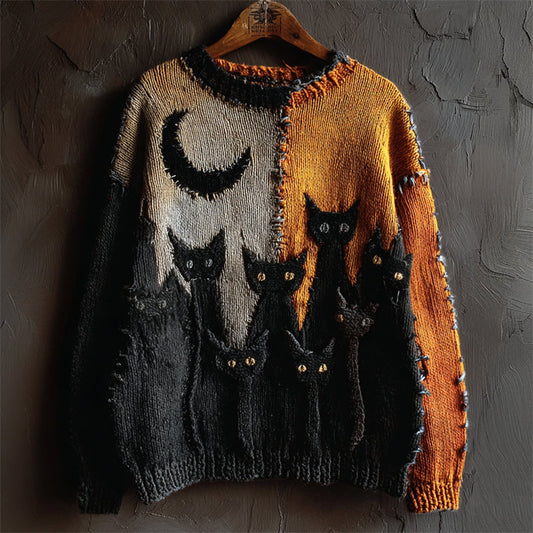 Halloween Night Black Cats Crochet Contrast Stitched Cozy Knit Sweater elevenforest