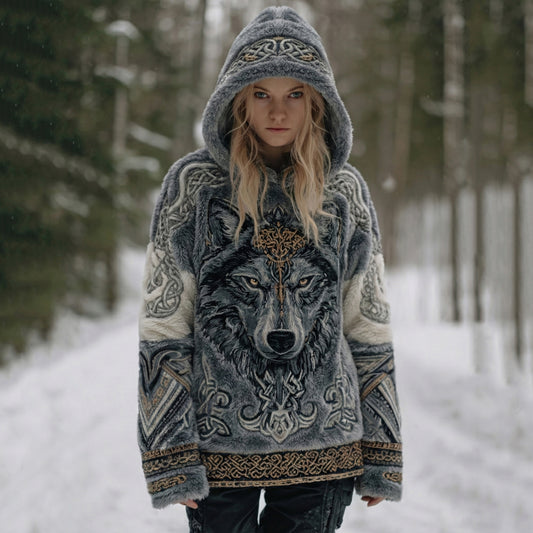 Comstylish Women's Retro Viking Wolf Art Casual Plush Hoodie