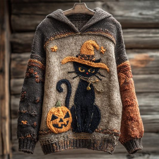 Halloween Black Cat With Witch Hat & Pumpkin Women's Knit Hooded Sweater elevenforest