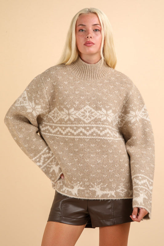 Flor® | VERY J Christmas Element stand-up collar long sleeve sweater