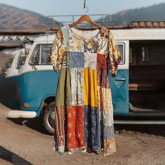 Countryside Style Collection  Classy Patchwork Floral Pattern Art Linen Midi Dress artswardrobe