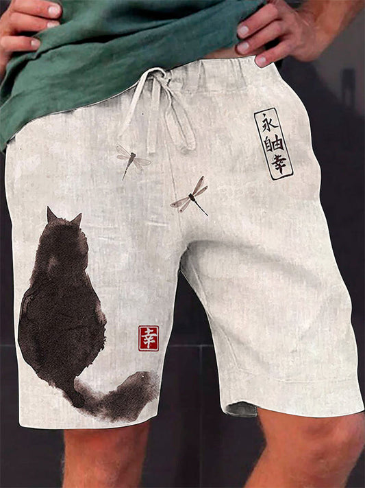 Cat Ink Painting Art Print Linen Casual Shorts elevenforest