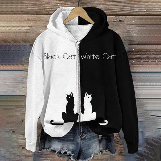 Black And White Cat Print Casual Hoodie elevenforest