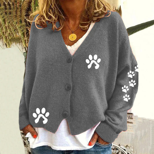 Cute Paw Print V-Neck Long Sleeved Knitted Cardigan elevenforest