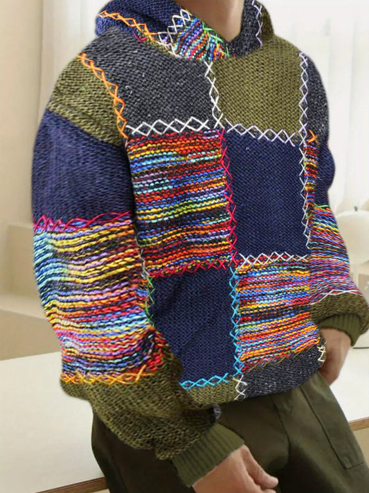 Vintage Colorful Knit Fabric Geometric Patchwork Men's Hooded Sweater artswardrobe