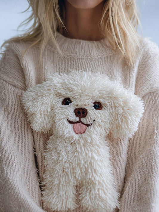 Cute Fuzzy Dog Embroidered Cozy Knit Sweater artswardrobe