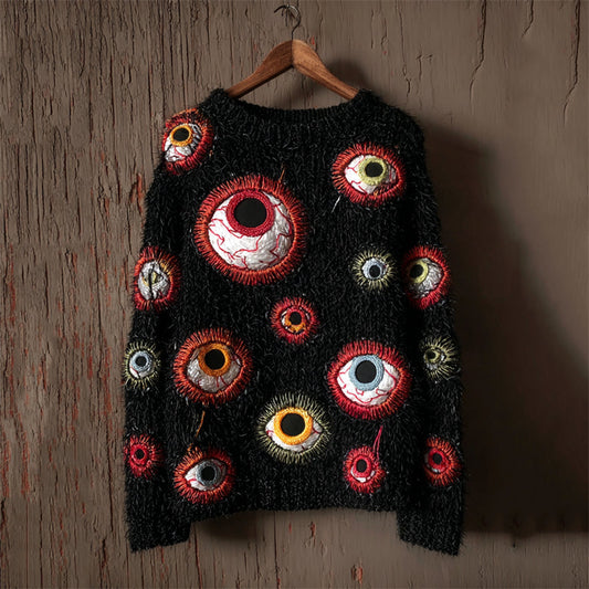 Halloween Colorful Eyeballs Crochet Cozy Knit Sweater artswardrobe