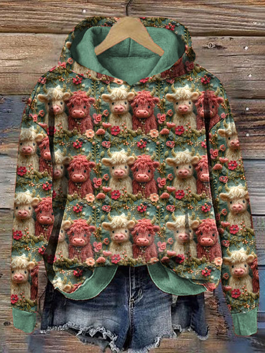 Comstylish Highland Cow Floral Embroidery Pattern Cozy Hoodie