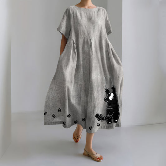 Comstylish Stretching Cat & Paw Prints Embroidered Linen Blend Maxi Dress