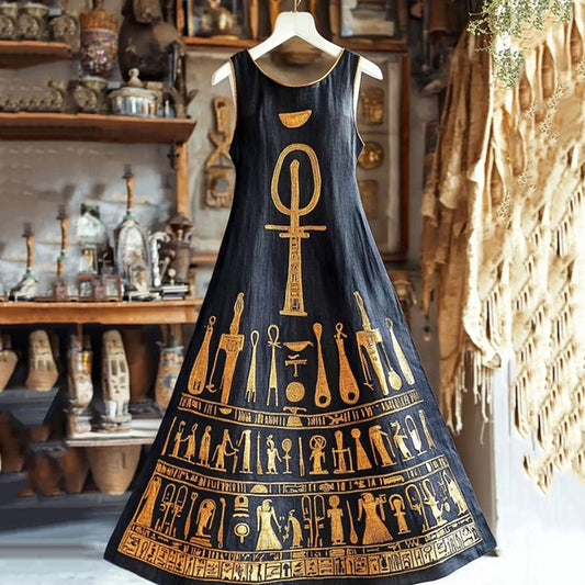 Comstylish Vintage Ancient Egyptian Graphics Linen Sleeveless Maxi Dress