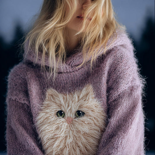 Comstylish Cute Fuzzy Cat Embroidered Cozy Hooded Sweater