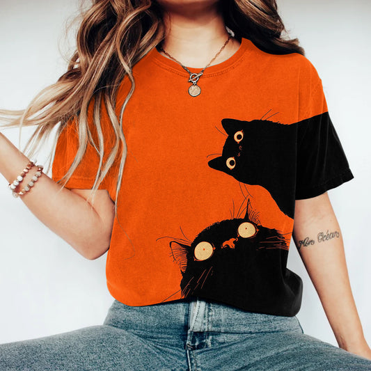 Comstylish Women's Funny Cat Print Crew Neck Short Sleeve T-shirt