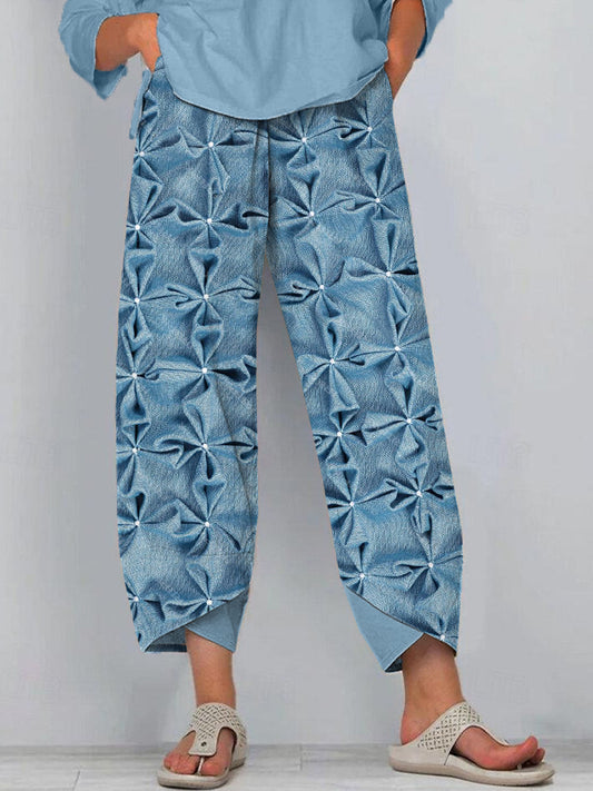 Pleated Design Floral Pattern Linen Blend Pants artswardrobe