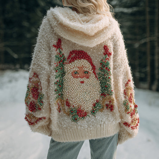 Women's Vintage Christmas Santa Claus Pattern Cozy Knit Hooded Sweater artswardrobe