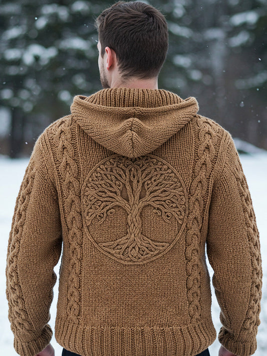 Men's Viking Tribal Tree Of Life Celtic Chunky Knit Hooded Sweater elevenforest