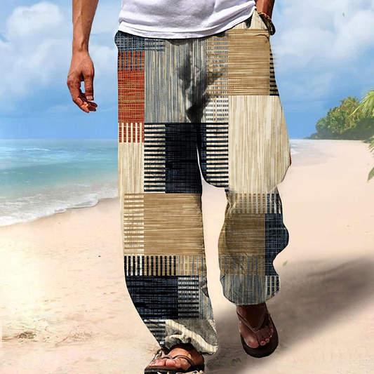 Vintage Beach Drawstring Elastic Waist Geometric Art Linen Blend Casual Pants artswardrobe